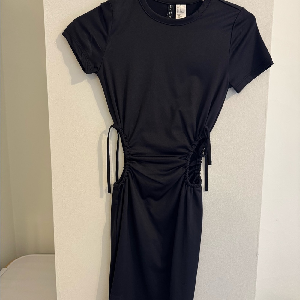 Divided Black Ruched Tie Front Mini Dress